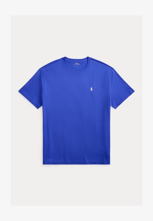 Blaues T-Shirt mit kurzen Ärmeln und Rundhalsausschnitt mit kleinem weißem Polo Ralph Lauren-Sticklogo auf der linken Brust.