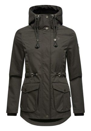 Dark grey jacket with a hood, drawstrings, two front pockets, and ribbed cuffs. Made from a textured, water-resistant material.