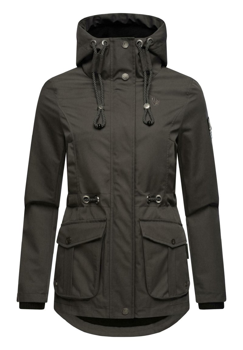 Dark grey jacket with a hood, drawstrings, two front pockets, and ribbed cuffs. Made from a textured, water-resistant material.