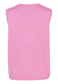 Różowy, bezrękawnikowy sweter z gładką teksturą, okrągłym dekoltem i prostym wykończeniem. Widok z tyłu ukazuje prosty, nieskalany design.