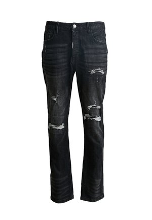 Schwarze Denim-Jeans mit geradem Schnitt, ausgefransten Details und aufgerauten Patches auf der Vorderseite. Klassisches 5-Taschen-Design mit Knopfverschluss.