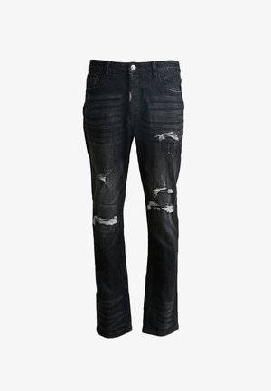 Zwarte denim jeans met een rechte pasvorm, versleten details en versleten stukken aan de voorkant. Klassiek vijf-pocket ontwerp met een knoopsluiting.