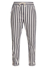 Marineblauwe en witte verticaal gestreepte casual broek met trekkoord, met geknoopte zoom en zijzakken.