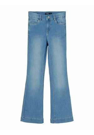 Lyseblå, vidde jeans lavet af denim. Har en almindelig linning, fem-lomme design og subtilt falmet look med lige kanter.