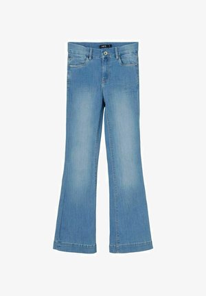 Jasnoniebieskie dzwony wykonane z denimu. Posiadają standardowy pas, pięciokieszeniowy design oraz subtelne przetarcia, proste wykończenia nogawek.