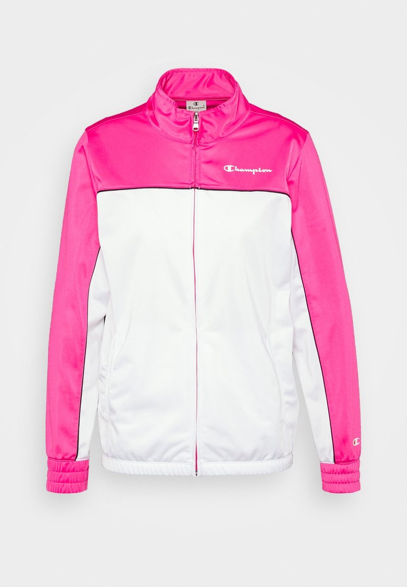Veste de sport zippée avec des épaules et manches rose vif et un torse blanc, avec le logo Champion sur la poitrine et la manche.