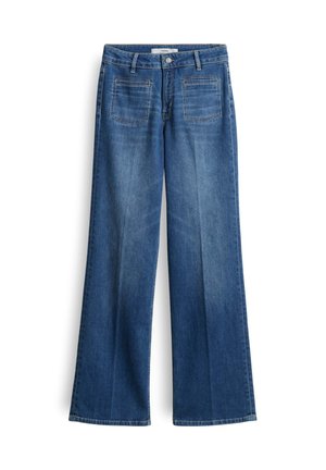Wide-leg blue denim jeans with a mid-rise waist, two back pockets, and subtle stitching details, made from a sturdy cotton blend fabric.