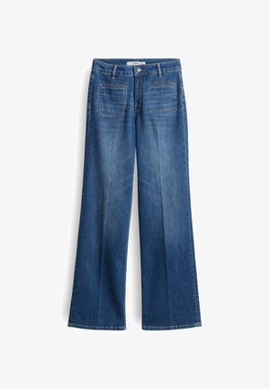 Wide-leg blue denim jeans with a mid-rise waist, two back pockets, and subtle stitching details, made from a sturdy cotton blend fabric.