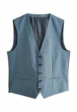  Lichtblauw vest met een subtiele textuur, heeft een diepe V-hals, zes knopen en twee voorkruiken, aangevuld met een donkere voering.