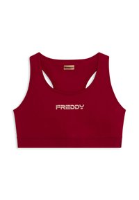 Sujeción roja hecha de un tejido suave, con diseño de espalda de nadador y logotipo impreso en plata "FREDDY" en la parte frontal.