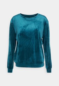 Sweat-shirt en velours teal avec un col rond, des manches longues et une coupe décontractée. Texture lisse avec des variations subtiles de brillance.