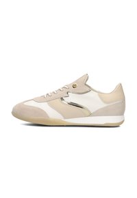 Sneaker featuring beige suede and smooth leather panels, gold accents, round toe, laces, and a textured rubber sole.