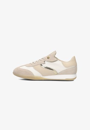 Sneaker featuring beige suede and smooth leather panels, gold accents, round toe, laces, and a textured rubber sole.