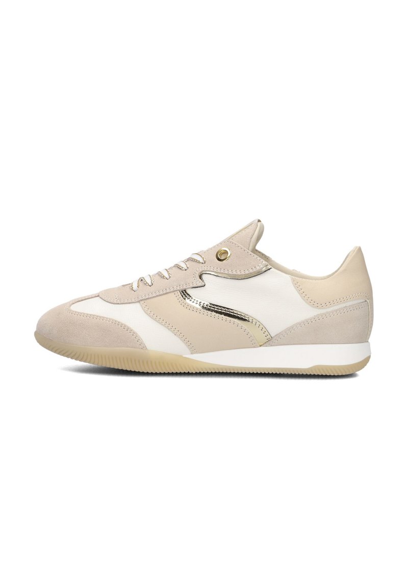 Sneaker featuring beige suede and smooth leather panels, gold accents, round toe, laces, and a textured rubber sole.