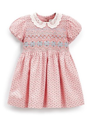 Pink baby dress with short sleeves, white lace collar, smocked bodice featuring blue and orange floral embroidery, and small repeated flower print.