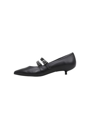 Ballerines en cuir noir avec des pointes effilées, comportant deux bandes décoratives avec des boucles en argent et un petit talon aiguille.