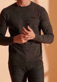 Maglione grigio scuro a maglia con scollatura rotonda, polsini e orlo a coste, caratterizzato da un sottile logo del marchio sul petto. Texture morbida.