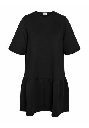 Zwarte casual jurk met een ronde hals, korte mouwen en een geplooide rok. Gemaakt van zachte stof, met een comfortabele pasvorm en een gladde textuur.