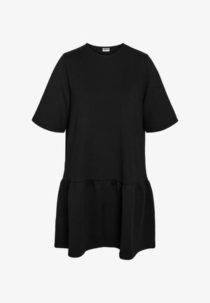 Musta rento mekko, jossa on pyöreä kaula-aukko, lyhyet hihat ja laskostettu helma. Valmistettu pehmeästä kankaasta, jossa on rento istuvuus ja sileä pinta.