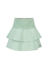 Falda de cuadros verde con una cintura fruncida y un diseño de volantes en capas. Fabricada con un tejido ligero, presenta un acento de marca metálico.