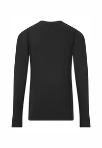 Schwarzes Langarmshirt mit Rundhalsausschnitt. Glatte Textur, minimale Nähte und taillierte Passform für ein elegantes Erscheinungsbild.