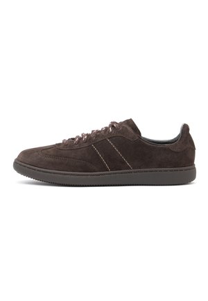 Dark brown suede casual sneaker with lace-up front, double side stitching, and flat rubber sole.