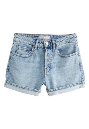 Lyseblå denimshorts med op rullede kanter, knap og lynlås foran, bæltestropper og forlommer inklusive en lille møntlomme.