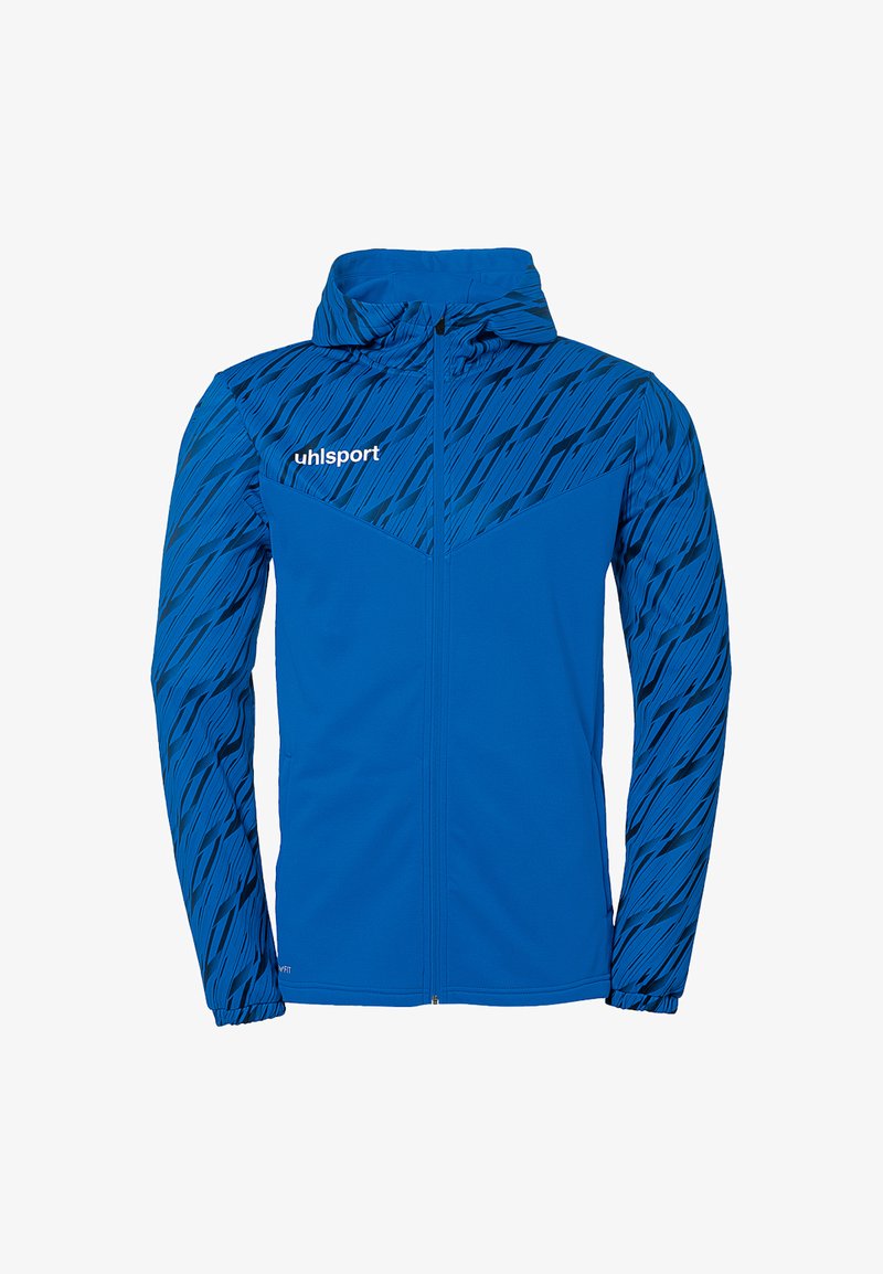 Blå sportjakke med hætte, prydet med et tekstureret grafisk mønster i mørkere blå på de øverste sektioner. Lynlåslukning og uhlsport-logo synligt.