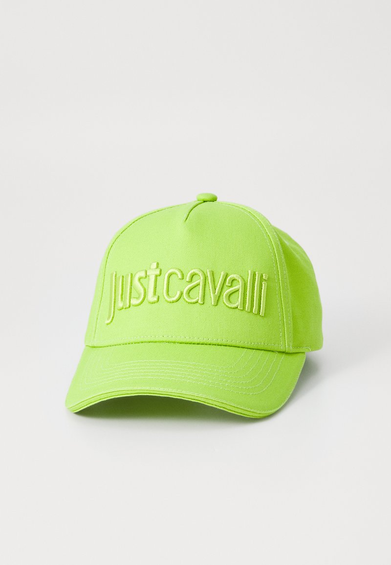 Green cap featuring embroidered "Justcavalli" logo on the front. Made of fabric with a curved brim and adjustable strap at the back.