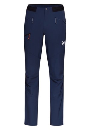Marineblaue Outdoor-Hose mit Reißverschlusstaschen, verstärkten Knien und einem kleinen weißen Logo am rechten Oberschenkel.