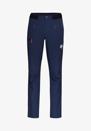 Marineblaue Outdoor-Hose mit Reißverschlusstaschen, verstärkten Knien und einem kleinen weißen Logo am rechten Oberschenkel.