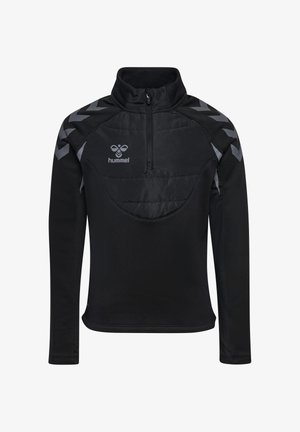 Schwarzer Sportpullover mit langen Ärmeln und Viertel-Reißverschluss, gepolstertes Brustpanel und reflektierende Chevron-Streifen auf den Schultern, mit hummel-Logo.
