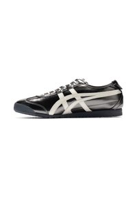 Sneaker nere e argento con una finitura in pelle liscia, caratterizzate da strisce bianche a contrasto, punta rotonda e suola in gomma texturizzata.