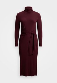 Abito a collo alto bordeaux con design aderente, maniche lunghe e un dettaglio in vita legato, caratterizzato da una texture liscia e elastica.