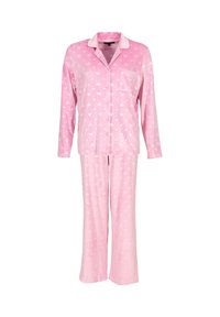 Set di pigiama rosa realizzato in tessuto morbido. Maglietta a maniche lunghe con chiusura a bottoni e tasca, e pantaloni abbinati con un motivo a cuore.
