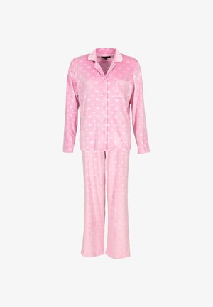 Rosa Pyjama-Set aus weichem Stoff. Langärmliges Oberteil mit Knopfverschluss und Tasche sowie passende Hose mit Herzenmuster.