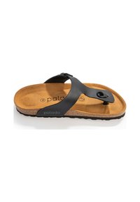 Tongs en simili cuir noir avec une semelle en liège et une semelle en caoutchouc texturé. Comprend un entredoigt avec un accent décoratif noir.