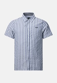 Chemise à manches courtes boutonnée avec des rayures verticales bleues et blanches et une petite poche poitrine étiquetée "Seaside".