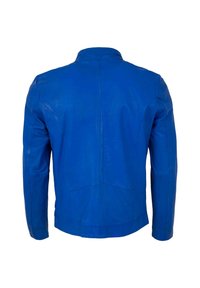 Blaue Lederjacke mit taillierter Passform, ausgestattet mit einem Stehkragen, langen Ärmeln und sichtbaren Nähten. Keine Taschen sichtbar von hinten.