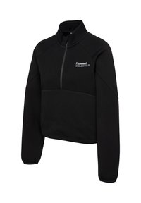 Schwarzer Langarm-Halbzip-Pullover mit hohem Kragen, elastischen Bündchen und weißem "hummel"-Logo auf der linken Brust.