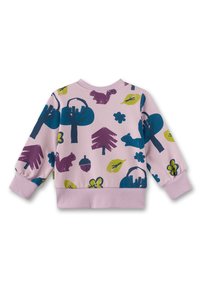Child's sweatshirt in light pink with colorful tree, animal, and leaf prints. Features a ribbed neckline and cuffs with elastic detailing.
