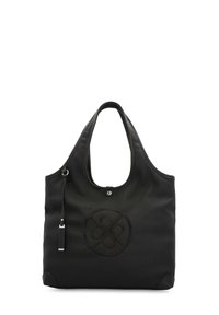 Zwarte tote bag gemaakt van textuurmateriaal, met een opvallend logo dat op de voorkant is ingegraveerd en een casual schouderbandontwerp.