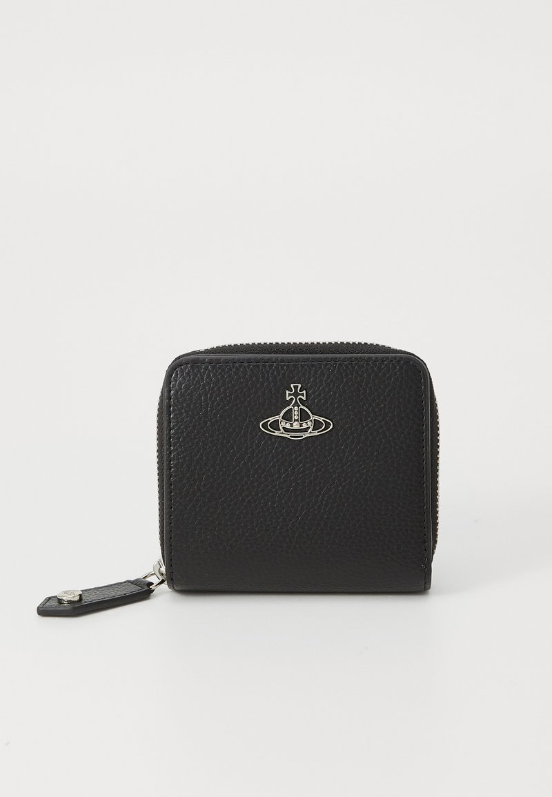 Black leather wallet with a textured finish, zip closure, and a silver logo accent on the front. Compact rectangular shape.