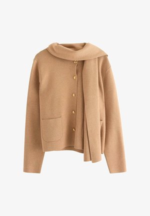 Beige cardigan med en bred, vikbar krage, guldbuttons och två framtida fickor. Tyget verkar mjukt och texturerat. Inkluderar en matchande scarf.