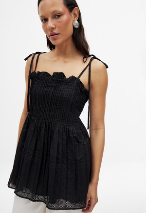 EMBROIDERED PLEATED - Top - black