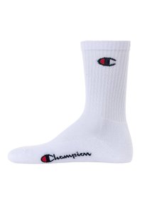 Weißes Baumwoll-Sportsocke mit gerippter Struktur, gepolsterter Textur und gesticktem Champion-Logo in Rot und Schwarz am Knöchel und an der Sohle.