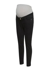 Μαύροι τζιν εγκυμοσύνης με ελαστική γκρι παντελονοπάντα για να προσαρμόζεται στην αυξανόμενη κοιλίτσα του μωρού.