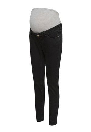 Mustat äitiysfarkut joustavalla harmaalla vatsakappaleella, joka on suunniteltu mukautumaan kasvavaan raskausvatsaan.