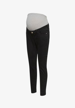 Sorte graviditetsjeans med et elastisk gråt mavepanel, designet til at rumme en voksende babybule.