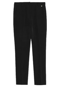 Zwarte, op maat gemaakte broek met rechte pijp, voorzien van twee steekzakken aan de voorkant, een gladde textuur en een klein logo-accent nabij de tailleband.